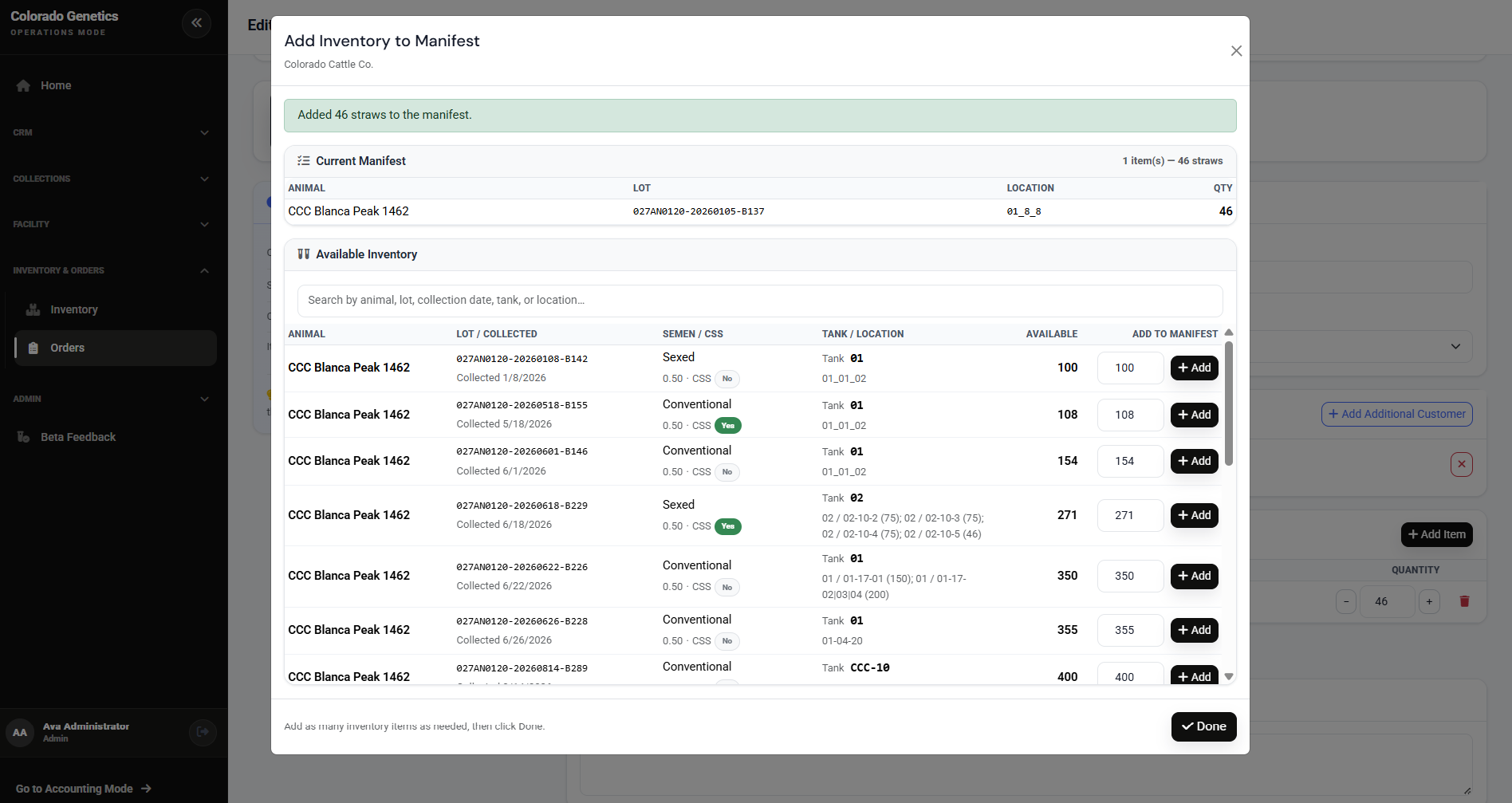 Order manifest with customer orders, inventory reserves, and shipping